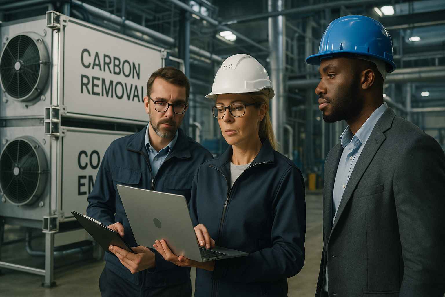 Engineers working inside a carbon capture facility monitoring CO2 removal technology
