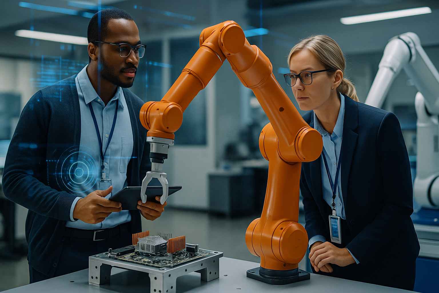 Engineers working with an industrial robotic arm in an advanced AI robotics laboratory